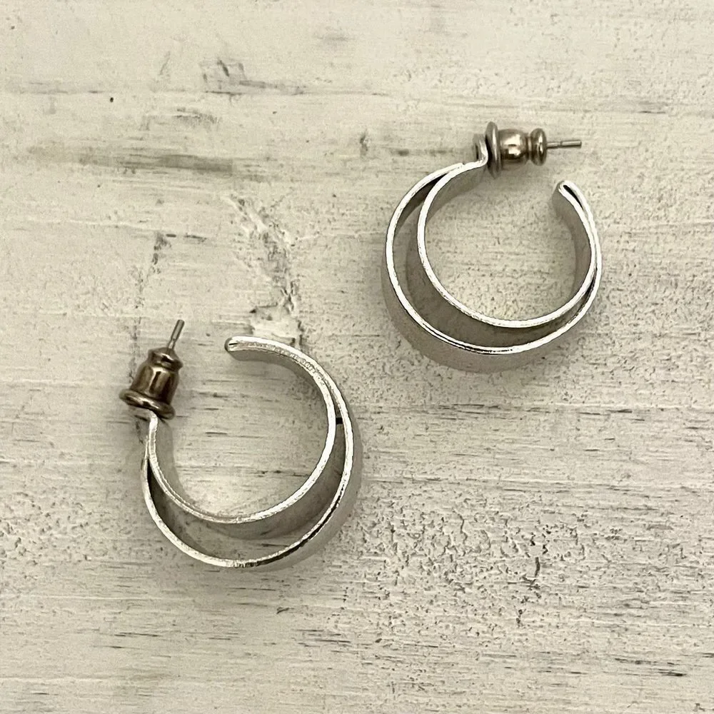 Silver tone double hoop post earrings